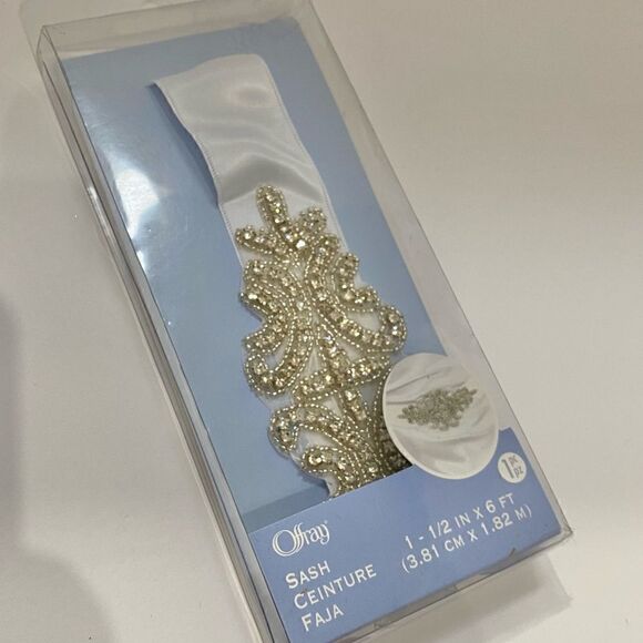 Offray Sash White Satin Ribbon Beaded Rhinestone - Picture 1 of 7